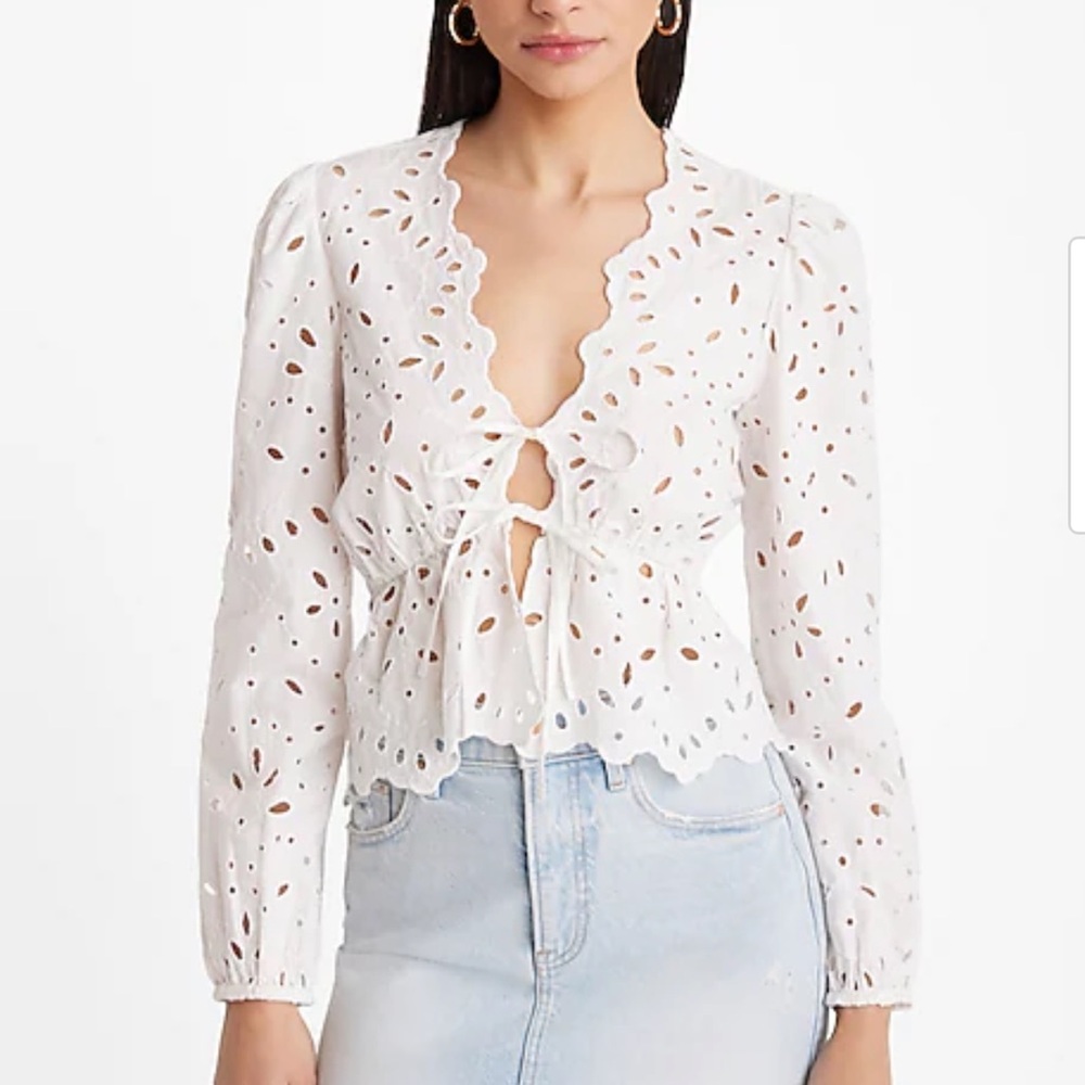 Express White Eyelet Tie-Front Peplum Blouse